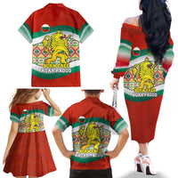 Bulgaria Lion Family Matching Off The Shoulder Long Sleeve Dress and Hawaiian Shirt Tricolor Flag, Folk Pattern and Proud Motto