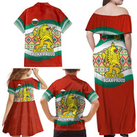 Bulgaria Lion Family Matching Off Shoulder Maxi Dress and Hawaiian Shirt Tricolor Flag, Folk Pattern and Proud Motto