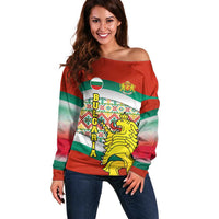 Bulgaria Lion Off Shoulder Sweater Tricolor Flag, Folk Pattern and Proud Motto