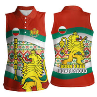 Bulgaria Lion Women Sleeveless Polo Shirt Tricolor Flag, Folk Pattern and Proud Motto