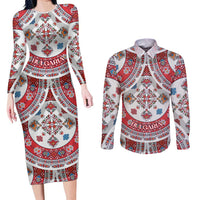 Bulgaria Folk Art Couples Matching Long Sleeve Bodycon Dress and Long Sleeve Button Shirt with Traditional Embroidery and Floral Motifs