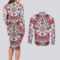 Bulgaria Folk Art Couples Matching Long Sleeve Bodycon Dress and Long Sleeve Button Shirt with Traditional Embroidery and Floral Motifs