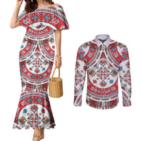 Bulgaria Folk Art Couples Matching Mermaid Dress and Long Sleeve Button Shirt with Traditional Embroidery and Floral Motifs
