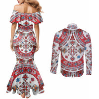 Bulgaria Folk Art Couples Matching Mermaid Dress and Long Sleeve Button Shirt with Traditional Embroidery and Floral Motifs