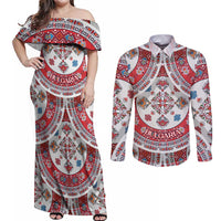 Bulgaria Folk Art Couples Matching Off Shoulder Maxi Dress and Long Sleeve Button Shirt with Traditional Embroidery and Floral Motifs