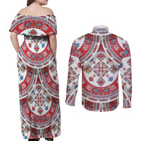Bulgaria Folk Art Couples Matching Off Shoulder Maxi Dress and Long Sleeve Button Shirt with Traditional Embroidery and Floral Motifs