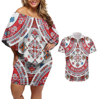 Bulgaria Folk Art Couples Matching Off Shoulder Short Dress and Hawaiian Shirt with Traditional Embroidery and Floral Motifs