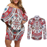 Bulgaria Folk Art Couples Matching Off Shoulder Short Dress and Long Sleeve Button Shirt with Traditional Embroidery and Floral Motifs