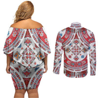 Bulgaria Folk Art Couples Matching Off Shoulder Short Dress and Long Sleeve Button Shirt with Traditional Embroidery and Floral Motifs