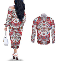 Bulgaria Folk Art Couples Matching Off The Shoulder Long Sleeve Dress and Long Sleeve Button Shirt with Traditional Embroidery and Floral Motifs