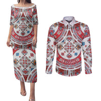 Bulgaria Folk Art Couples Matching Puletasi and Long Sleeve Button Shirt with Traditional Embroidery and Floral Motifs