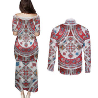 Bulgaria Folk Art Couples Matching Puletasi and Long Sleeve Button Shirt with Traditional Embroidery and Floral Motifs