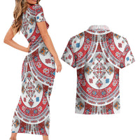 Bulgaria Folk Art Couples Matching Short Sleeve Bodycon Dress and Hawaiian Shirt with Traditional Embroidery and Floral Motifs