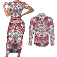 Bulgaria Folk Art Couples Matching Short Sleeve Bodycon Dress and Long Sleeve Button Shirt with Traditional Embroidery and Floral Motifs