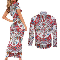 Bulgaria Folk Art Couples Matching Short Sleeve Bodycon Dress and Long Sleeve Button Shirt with Traditional Embroidery and Floral Motifs