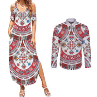 Bulgaria Folk Art Couples Matching Summer Maxi Dress and Long Sleeve Button Shirt with Traditional Embroidery and Floral Motifs