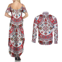 Bulgaria Folk Art Couples Matching Summer Maxi Dress and Long Sleeve Button Shirt with Traditional Embroidery and Floral Motifs