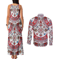 Bulgaria Folk Art Couples Matching Tank Maxi Dress and Long Sleeve Button Shirt with Traditional Embroidery and Floral Motifs