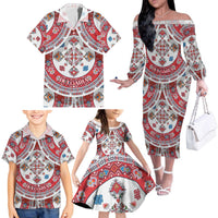 Bulgaria Folk Art Family Matching Off The Shoulder Long Sleeve Dress and Hawaiian Shirt with Traditional Embroidery and Floral Motifs
