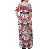 Bulgaria Folk Art Off Shoulder Maxi Dress with Traditional Embroidery and Floral Motifs