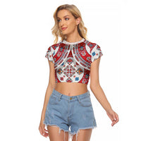 Bulgaria Folk Art Raglan Cropped T Shirt with Traditional Embroidery and Floral Motifs