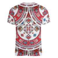 Bulgaria Folk Art Women V-Neck T-Shirt with Traditional Embroidery and Floral Motifs