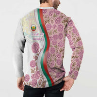 Rose of Bulgaria Button Sweatshirt with National Flag Ribbon and Floral Damask Pattern