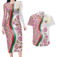 Rose of Bulgaria Couples Matching Long Sleeve Bodycon Dress and Hawaiian Shirt with National Flag Ribbon and Floral Damask Pattern