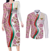 Rose of Bulgaria Couples Matching Long Sleeve Bodycon Dress and Long Sleeve Button Shirt with National Flag Ribbon and Floral Damask Pattern