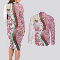 Rose of Bulgaria Couples Matching Long Sleeve Bodycon Dress and Long Sleeve Button Shirt with National Flag Ribbon and Floral Damask Pattern