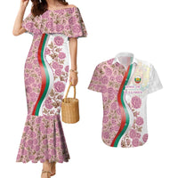 Rose of Bulgaria Couples Matching Mermaid Dress and Hawaiian Shirt with National Flag Ribbon and Floral Damask Pattern