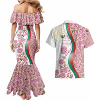 Rose of Bulgaria Couples Matching Mermaid Dress and Hawaiian Shirt with National Flag Ribbon and Floral Damask Pattern