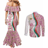 Rose of Bulgaria Couples Matching Mermaid Dress and Long Sleeve Button Shirt with National Flag Ribbon and Floral Damask Pattern