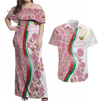 Rose of Bulgaria Couples Matching Off Shoulder Maxi Dress and Hawaiian Shirt with National Flag Ribbon and Floral Damask Pattern