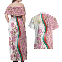 Rose of Bulgaria Couples Matching Off Shoulder Maxi Dress and Hawaiian Shirt with National Flag Ribbon and Floral Damask Pattern