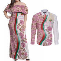 Rose of Bulgaria Couples Matching Off Shoulder Maxi Dress and Long Sleeve Button Shirt with National Flag Ribbon and Floral Damask Pattern