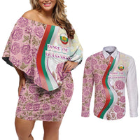 Rose of Bulgaria Couples Matching Off Shoulder Short Dress and Long Sleeve Button Shirt with National Flag Ribbon and Floral Damask Pattern