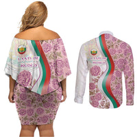 Rose of Bulgaria Couples Matching Off Shoulder Short Dress and Long Sleeve Button Shirt with National Flag Ribbon and Floral Damask Pattern