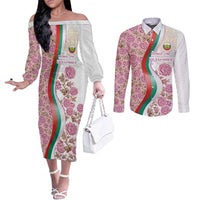 Rose of Bulgaria Couples Matching Off The Shoulder Long Sleeve Dress and Long Sleeve Button Shirt with National Flag Ribbon and Floral Damask Pattern