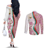 Rose of Bulgaria Couples Matching Off The Shoulder Long Sleeve Dress and Long Sleeve Button Shirt with National Flag Ribbon and Floral Damask Pattern