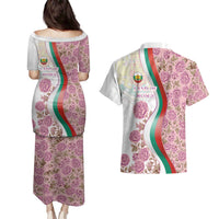 Rose of Bulgaria Couples Matching Puletasi and Hawaiian Shirt with National Flag Ribbon and Floral Damask Pattern
