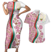 Rose of Bulgaria Couples Matching Short Sleeve Bodycon Dress and Hawaiian Shirt with National Flag Ribbon and Floral Damask Pattern