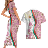 Rose of Bulgaria Couples Matching Short Sleeve Bodycon Dress and Hawaiian Shirt with National Flag Ribbon and Floral Damask Pattern