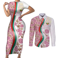 Rose of Bulgaria Couples Matching Short Sleeve Bodycon Dress and Long Sleeve Button Shirt with National Flag Ribbon and Floral Damask Pattern