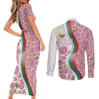 Rose of Bulgaria Couples Matching Short Sleeve Bodycon Dress and Long Sleeve Button Shirt with National Flag Ribbon and Floral Damask Pattern