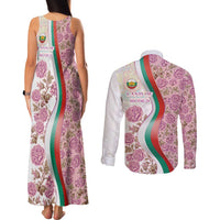 Rose of Bulgaria Couples Matching Tank Maxi Dress and Long Sleeve Button Shirt with National Flag Ribbon and Floral Damask Pattern