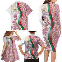 Rose of Bulgaria Family Matching Long Sleeve Bodycon Dress and Hawaiian Shirt with National Flag Ribbon and Floral Damask Pattern