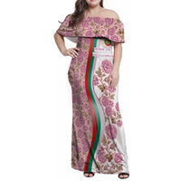 Rose of Bulgaria Family Matching Off Shoulder Maxi Dress and Hawaiian Shirt with National Flag Ribbon and Floral Damask Pattern