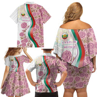 Rose of Bulgaria Family Matching Off Shoulder Short Dress and Hawaiian Shirt with National Flag Ribbon and Floral Damask Pattern