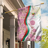 Rose of Bulgaria Garden Flag with National Flag Ribbon and Floral Damask Pattern